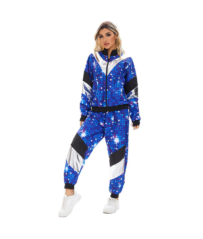 Adult Unisex 80s Retro Hip Hop Disco Tracksuit Colorblock Outfits Set